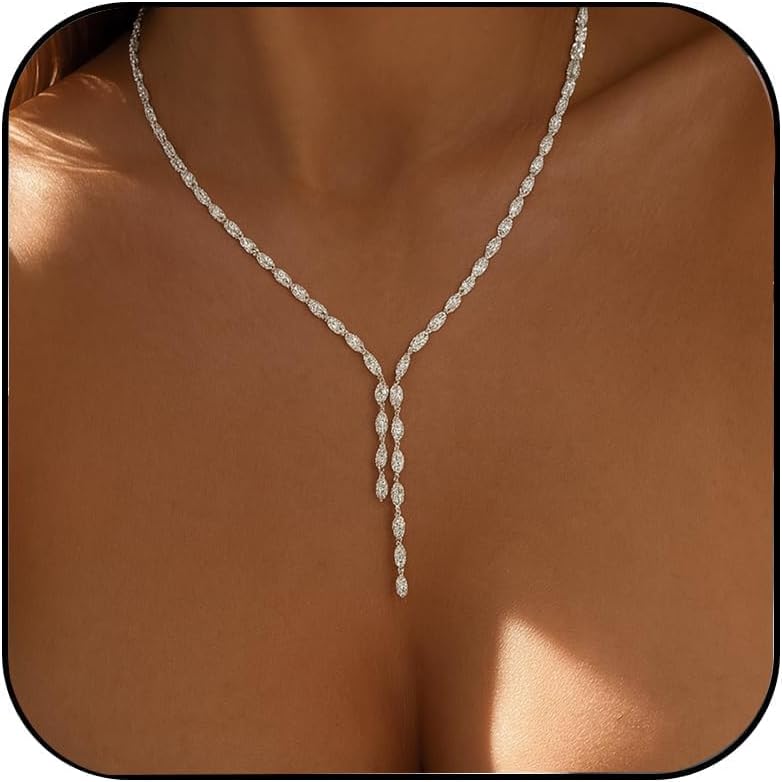 STONEFANS Long Tennis Necklaces for Women - Dainty Silver Lariat Necklace Rhinestone Y Shaped Drop Necklace Cute Choker Necklaces for Women Trendy Silver Prom Jewelry Gifts - Image 1